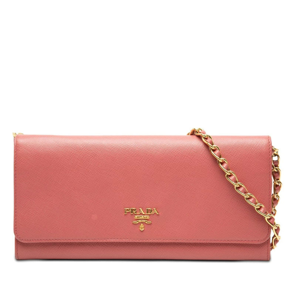 Prada Saffiano Crossbody Chain Wallet Long Clutch Bag Shoulder Pink Leather